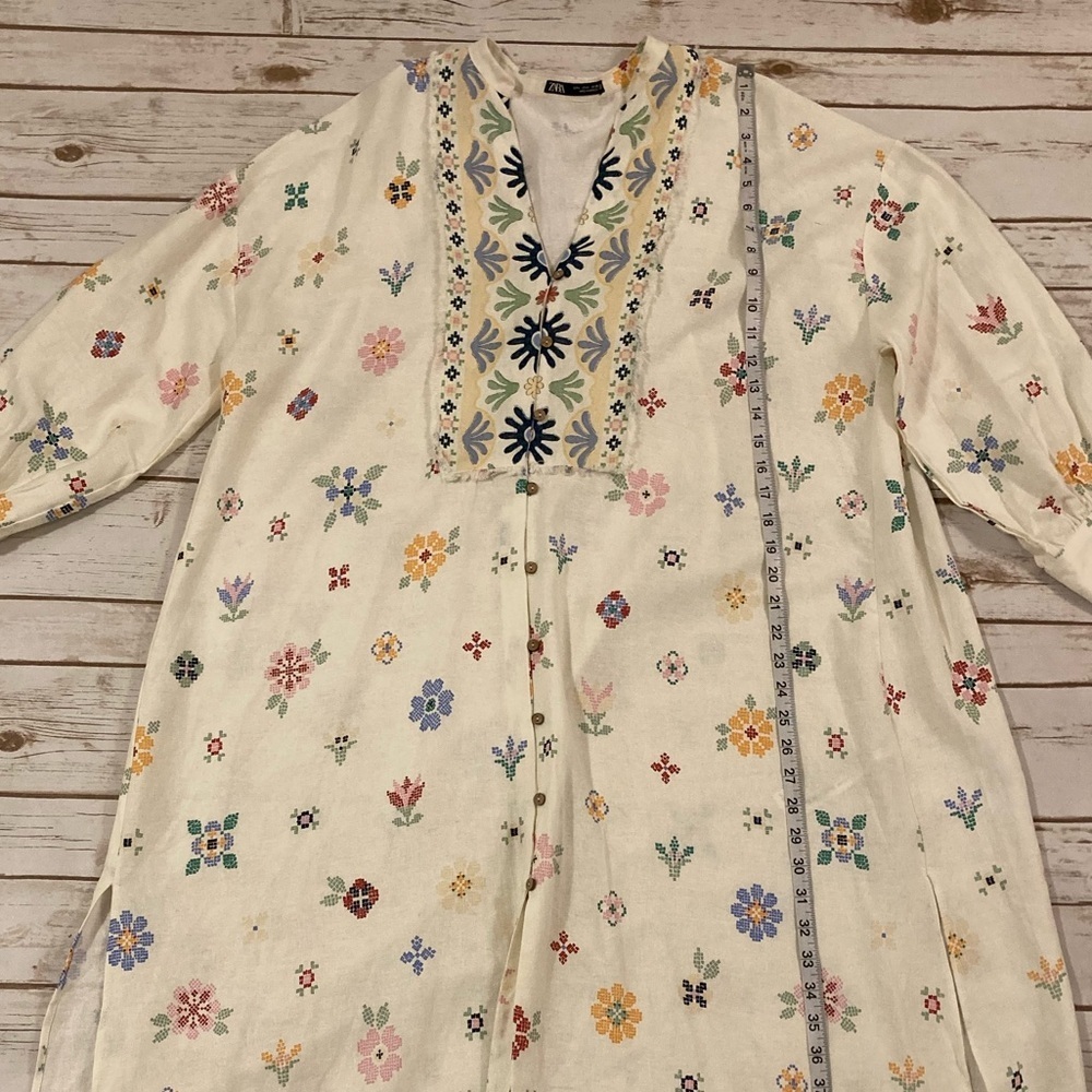 ZARA Oversized Linen Blend Floral Print MIDI  Kaftan Dress White Large - Picture 5 of 13
